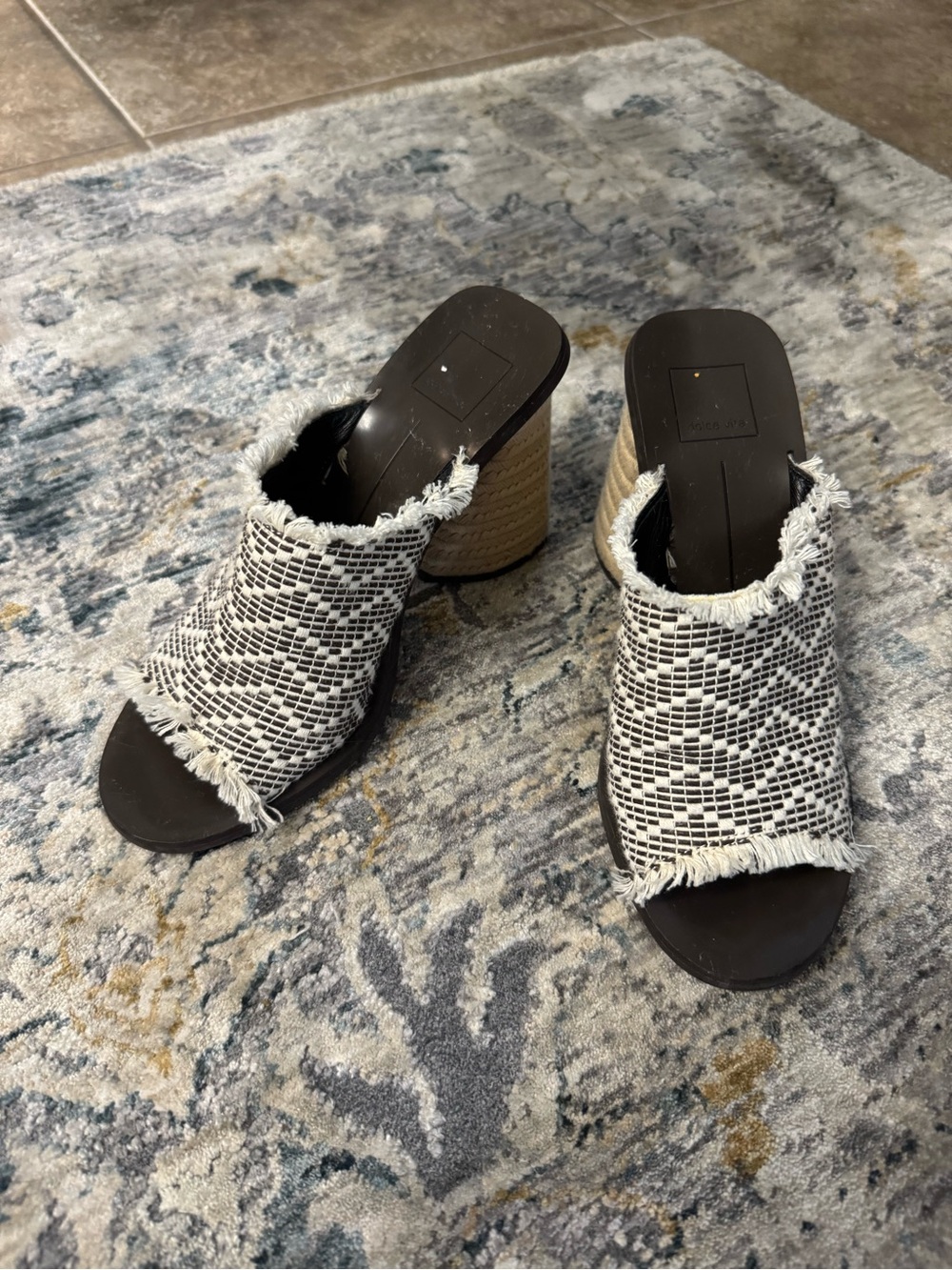 Dolce Vita Black and Cream Woven Fringe Espadrille Mules
